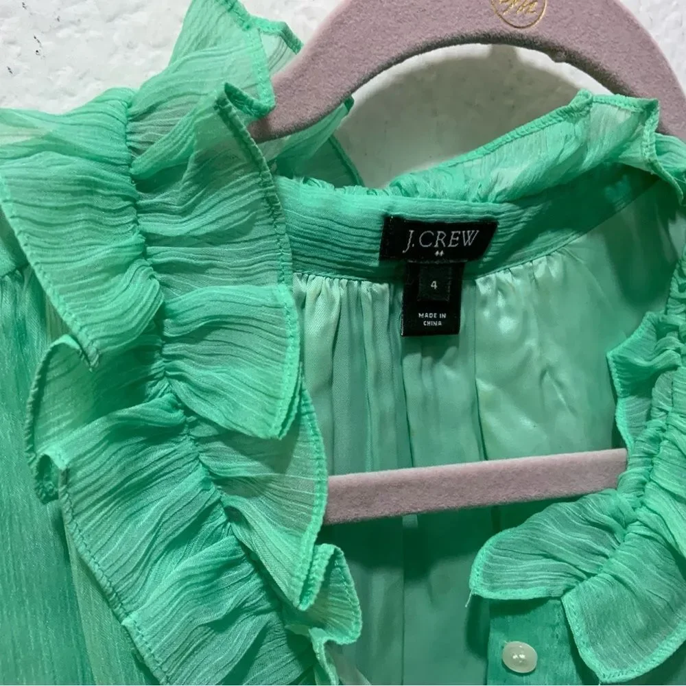 Jcrew Green Ruffle Neck lined Blouse Size 4